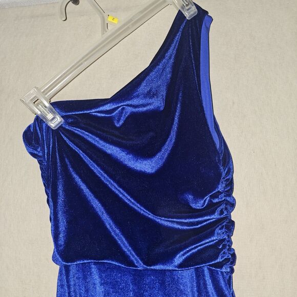 Blue Velvet Bandeau Maxi Dress One Shoulder Size Small Ruch Red Carpet Glam - Picture 12 of 14